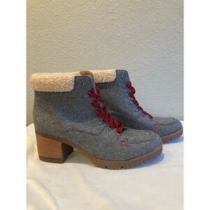 Korks Womens Gray Fabric Faux Fur Trim Lace Up Heel Ankle Boots Size 11M